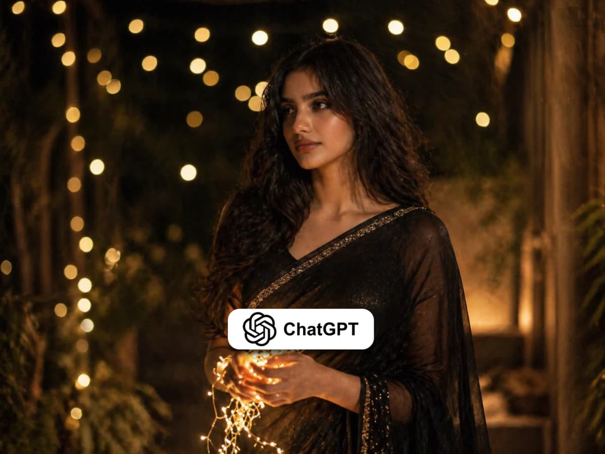 Low Light Portrait of Woman in Black Saree with Fairy Lights thumbnail 3