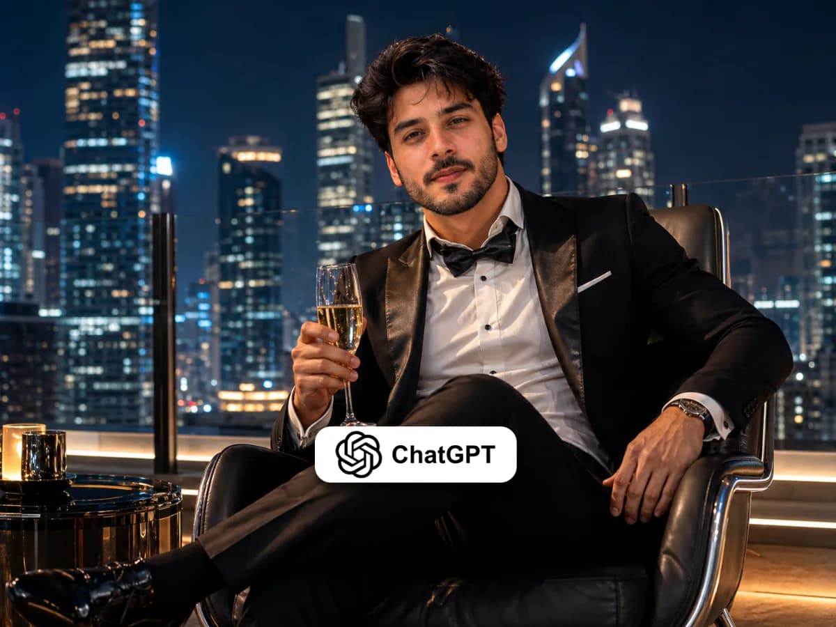 Cinematic Tuxedo Man on Rooftop with City Skyscrapers thumbnail 2