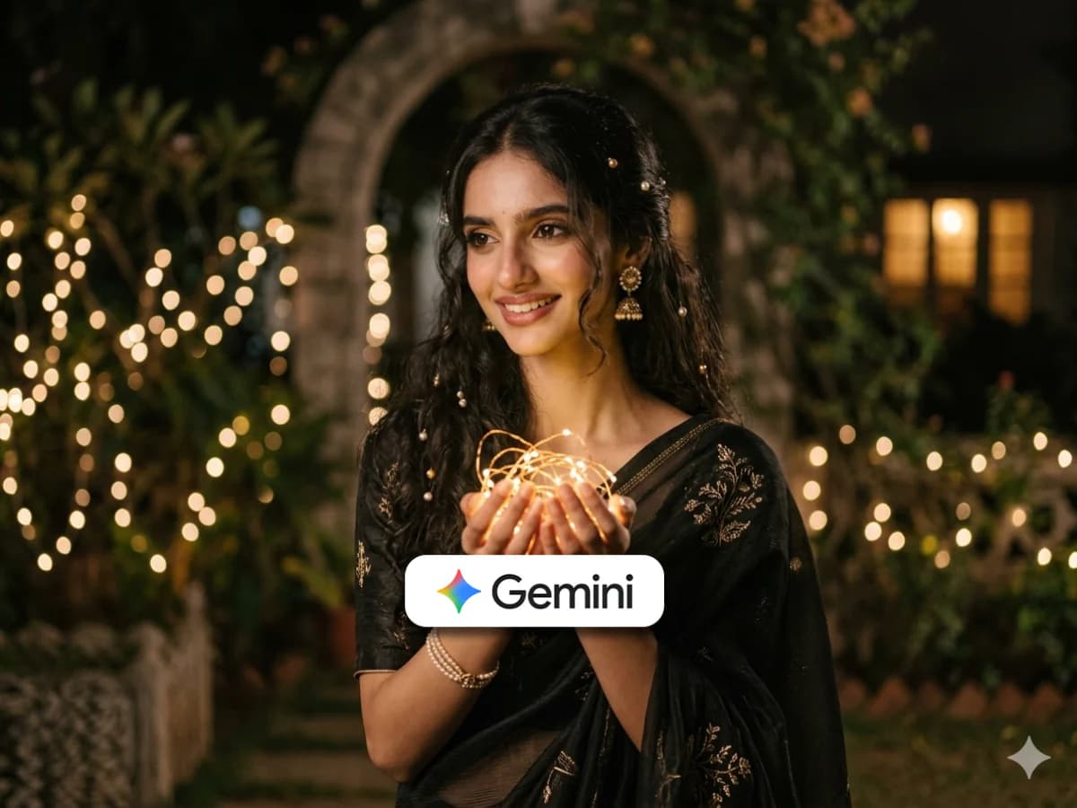 Low Light Portrait of Woman in Black Saree with Fairy Lights thumbnail 4