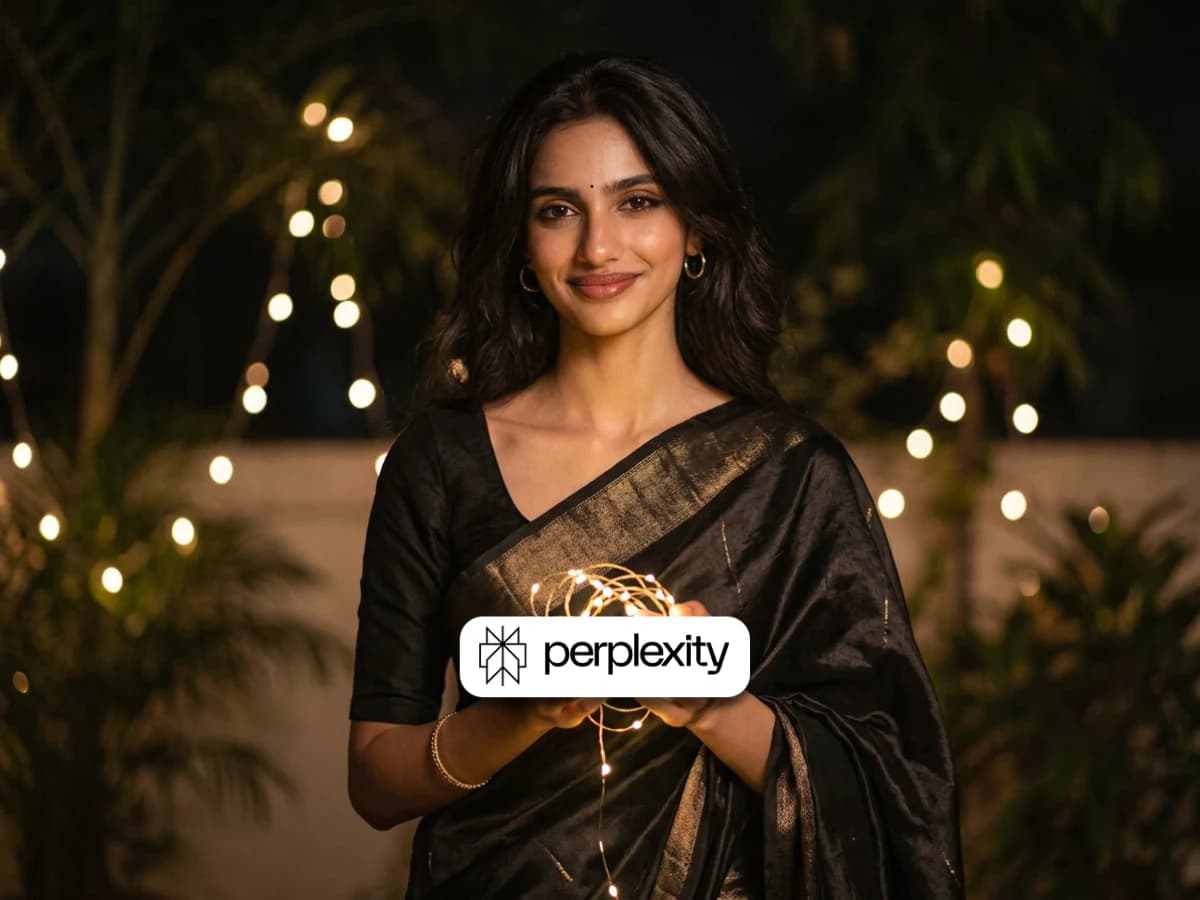 Low Light Portrait of Woman in Black Saree with Fairy Lights thumbnail 2