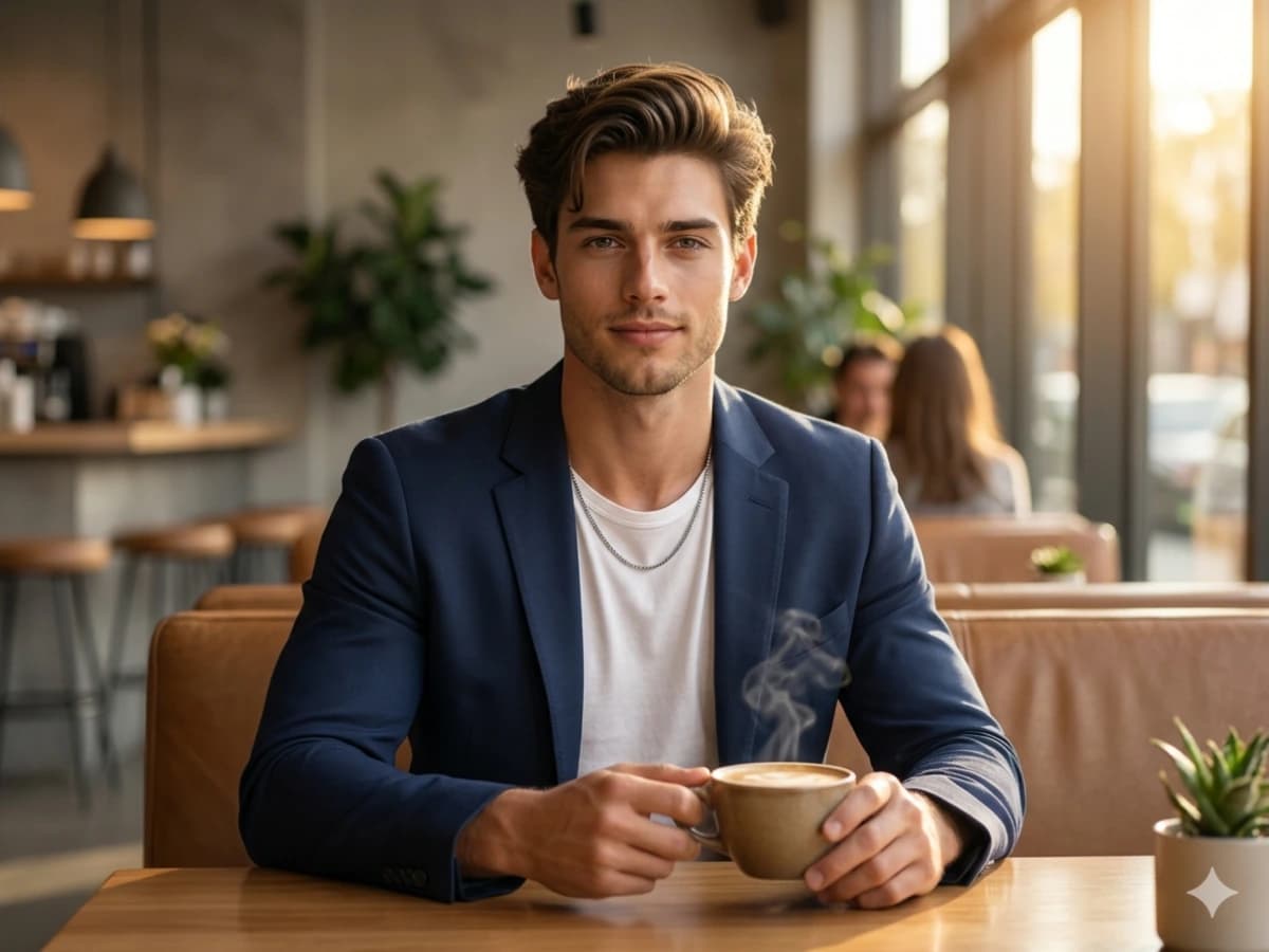 Lifestyle Portrait Photography of Stylish Cafe Man cover