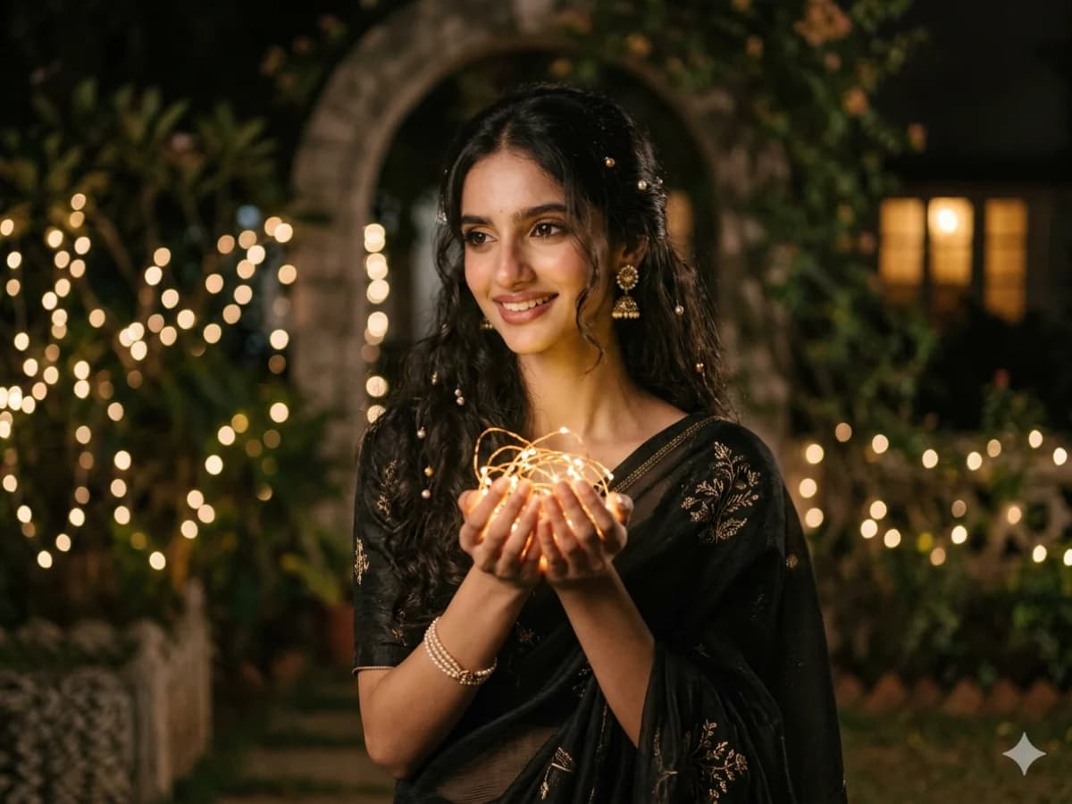 Low Light Portrait of Woman in Black Saree with Fairy Lights cover