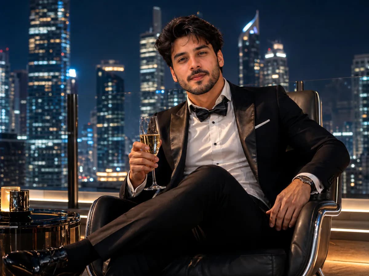 Cinematic Tuxedo Man on Rooftop with City Skyscrapers cover