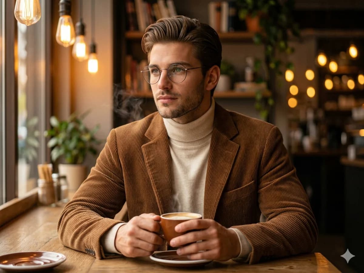 Vintage Clothing Man Portrait in Cozy Coffee Shop Scene cover