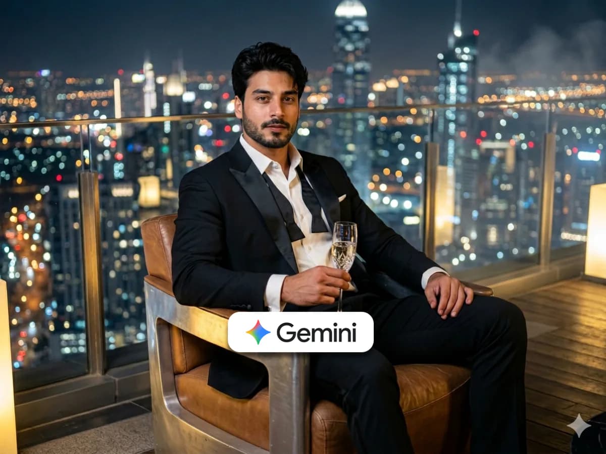 Cinematic Tuxedo Man on Rooftop with City Skyscrapers thumbnail 4