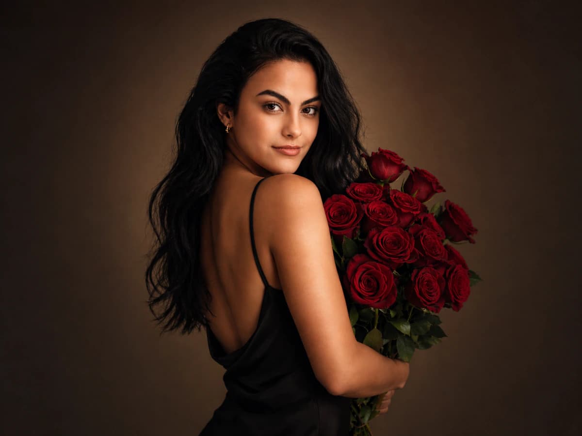 Elegant Studio Portrait of Woman in Black Dress with Roses cover