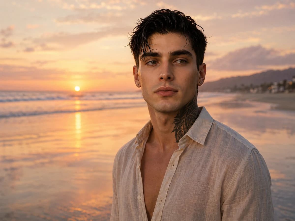 Beach Sunset Portrait of Relaxed Linen Shirt Man