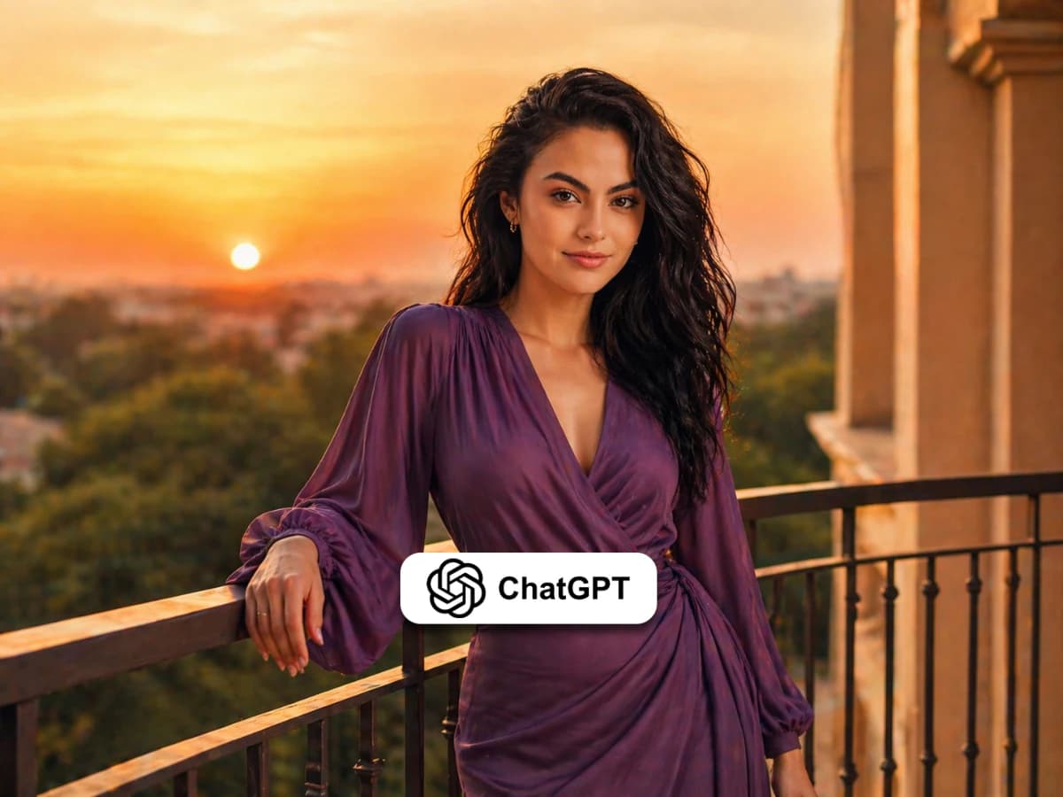Sunset Portrait Woman on Balcony in Golden Light thumbnail 3