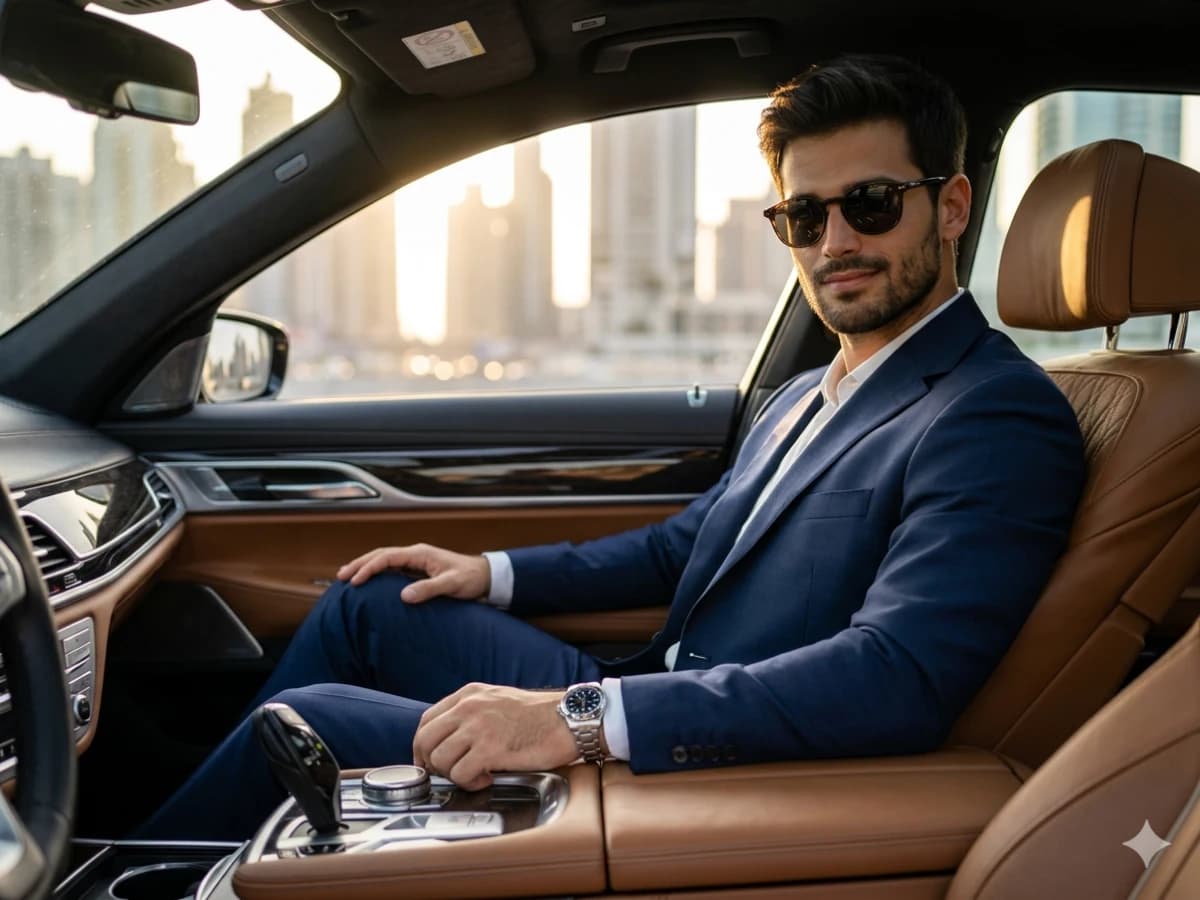 Luxury Lifestyle Portrait in Modern Car at Golden Hour